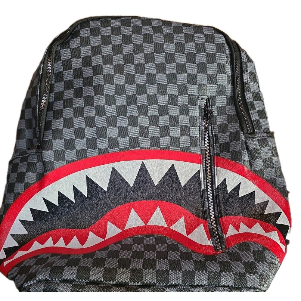 Sprayground Kids Checkered Shark Mouth Backpack Gray Black Red White Polyester